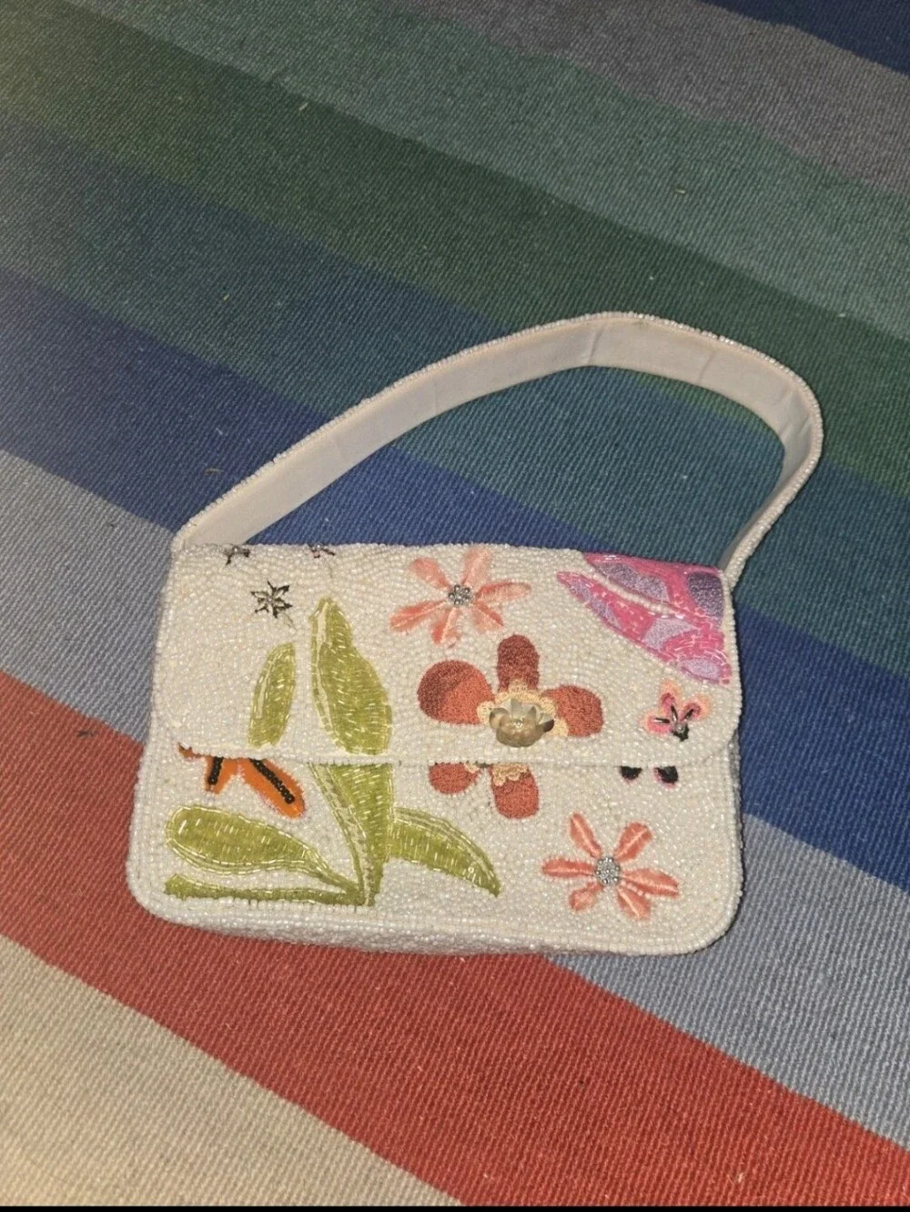 Anthropology Beaded Embroidered Handbag White Floral Shoulder Bag